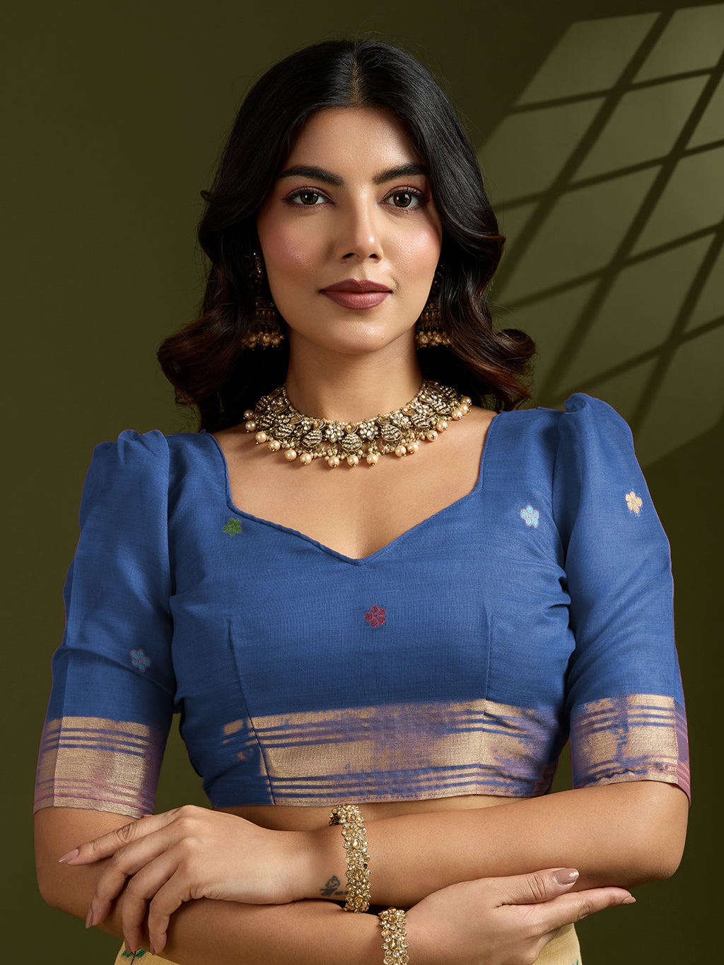 Golden Mustard Muga Cotton Paithani Saree | Vibrant Blue Contrast Traditional Wear