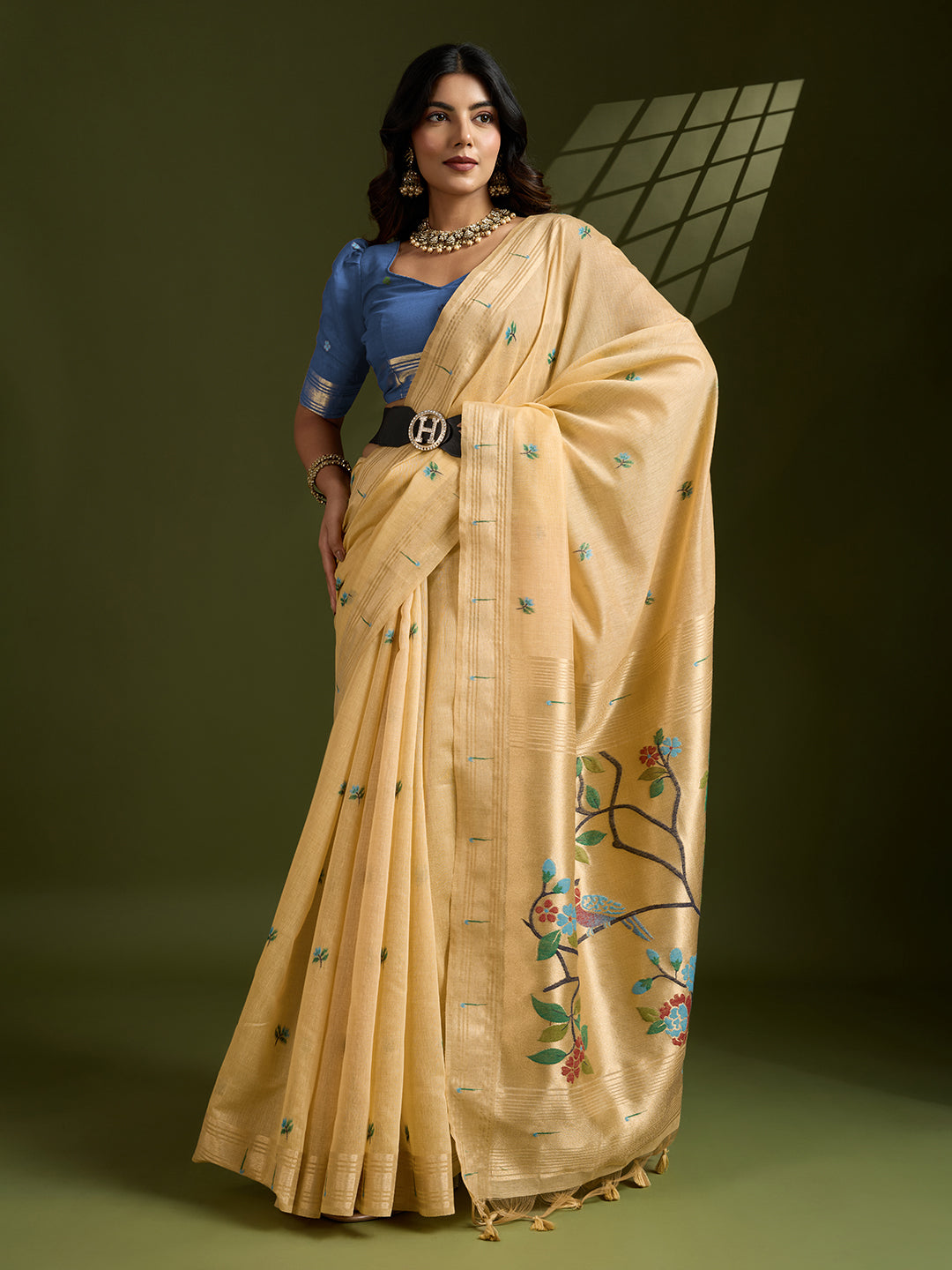 Golden Mustard Muga Cotton Paithani Saree | Vibrant Blue Contrast Traditional Wear
