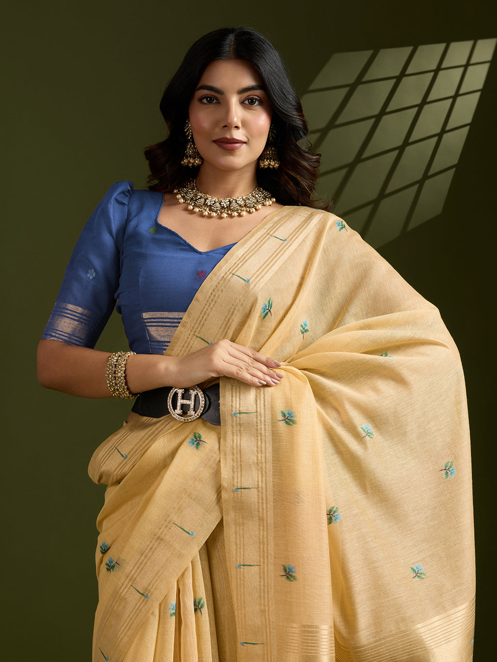 Golden Mustard Muga Cotton Paithani Saree | Vibrant Blue Contrast Traditional Wear