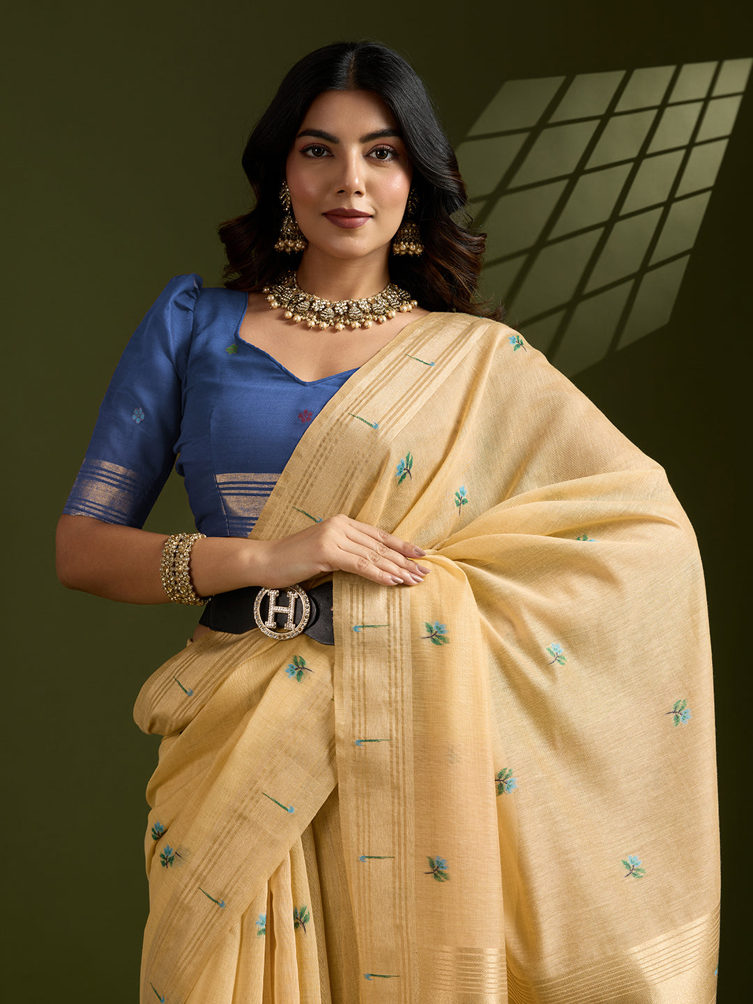 Golden Mustard Muga Cotton Paithani Saree | Vibrant Blue Contrast Traditional Wear