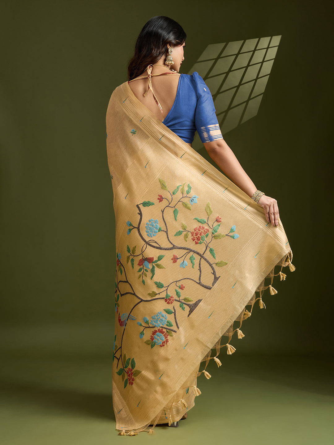 Golden Mustard Muga Cotton Paithani Saree | Vibrant Blue Contrast Traditional Wear