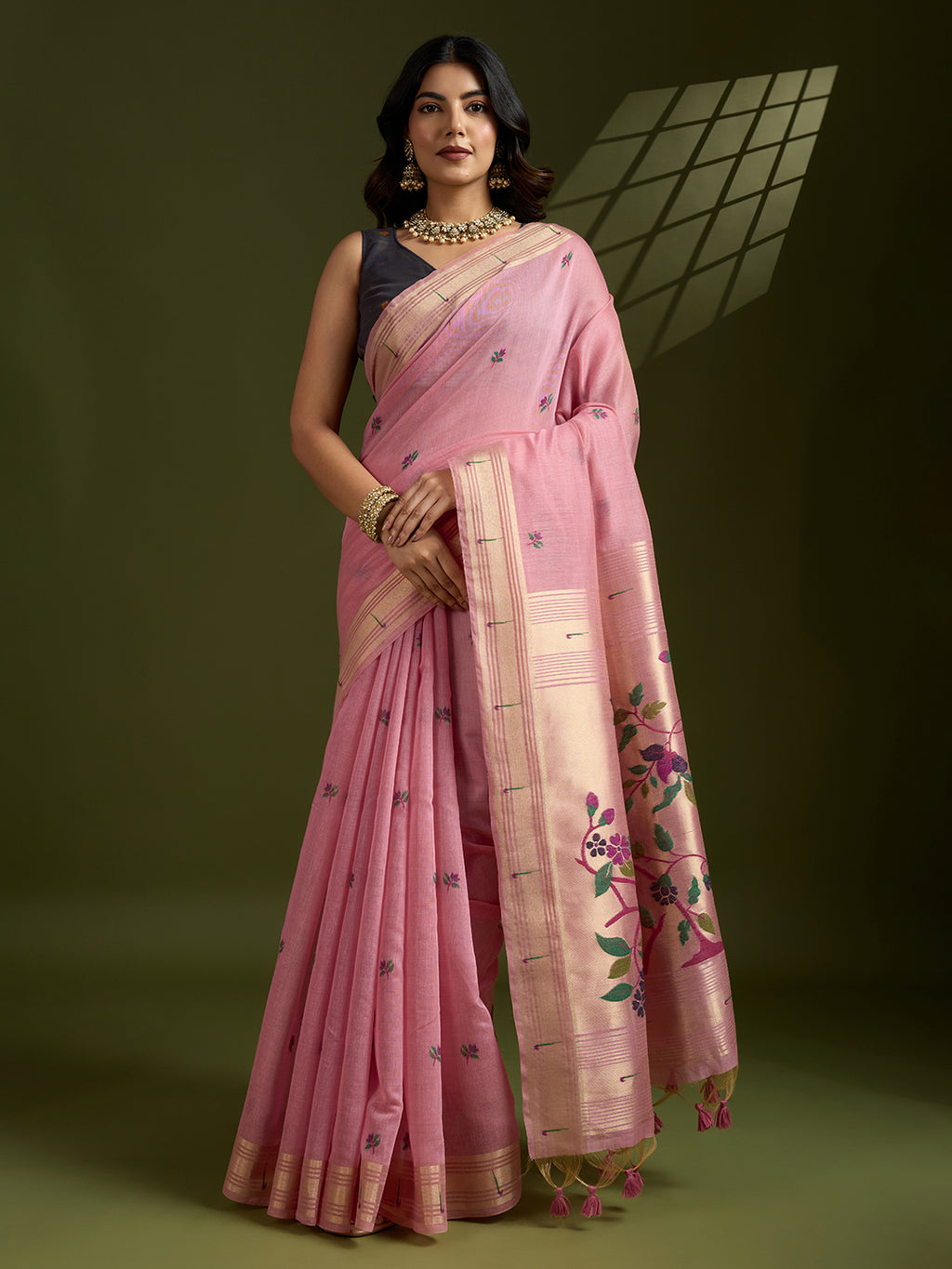 Blushing Pink Muga Cotton Paithani Saree | Coffee-Toned Contrast Traditional Ensemble