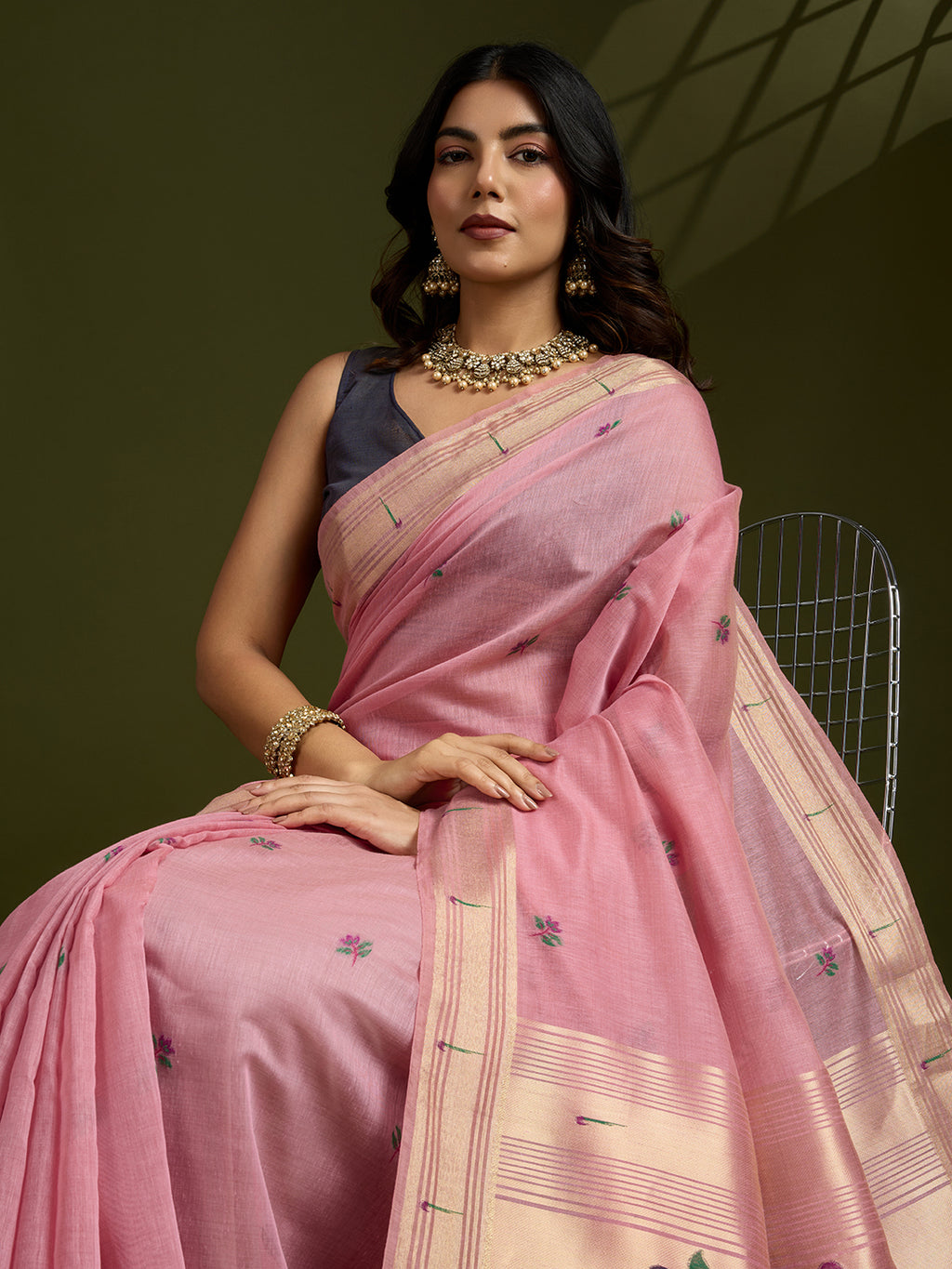 Blushing Pink Muga Cotton Paithani Saree | Coffee-Toned Contrast Traditional Ensemble