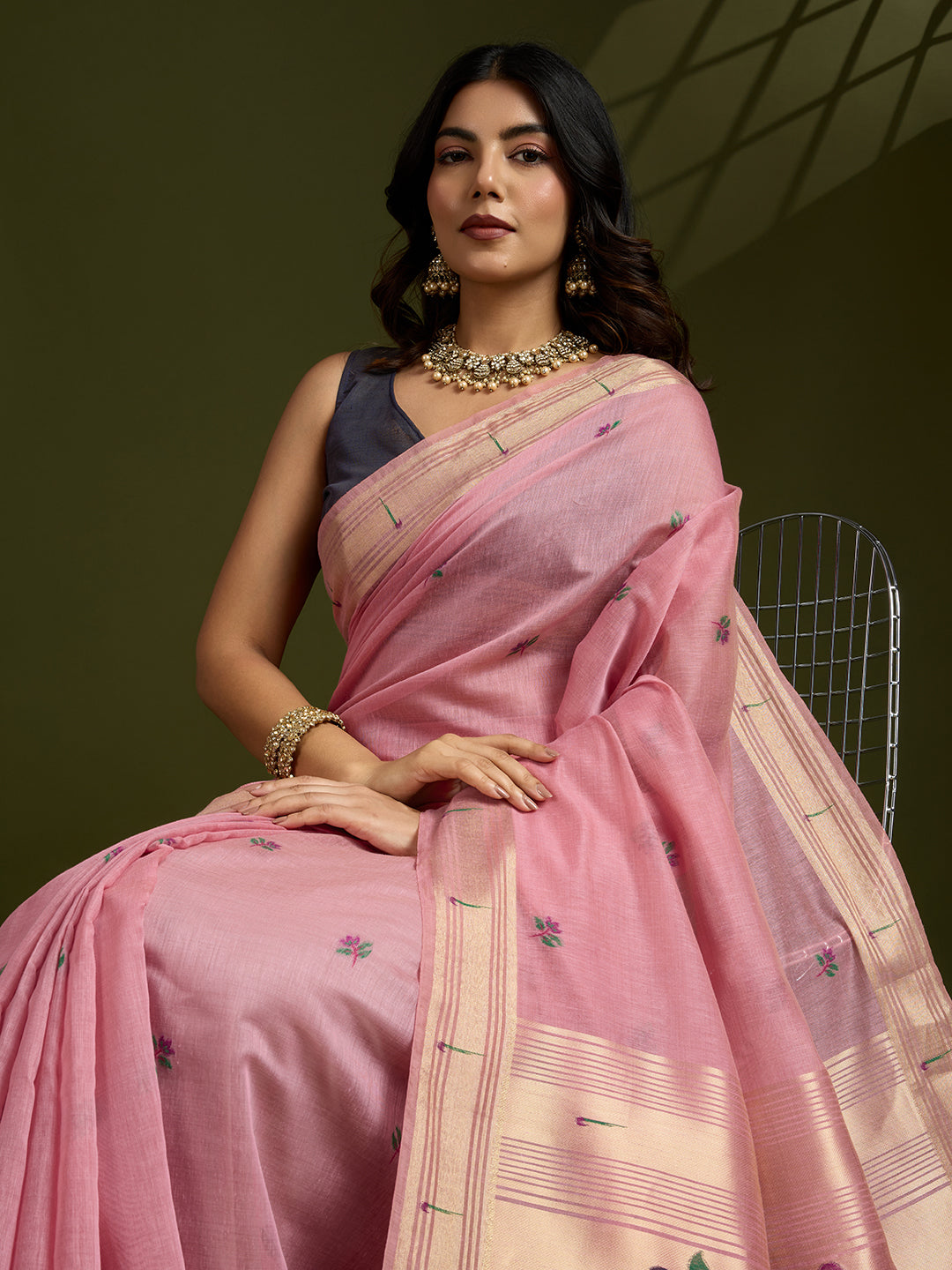 Blushing Pink Muga Cotton Paithani Saree | Coffee-Toned Contrast Traditional Ensemble