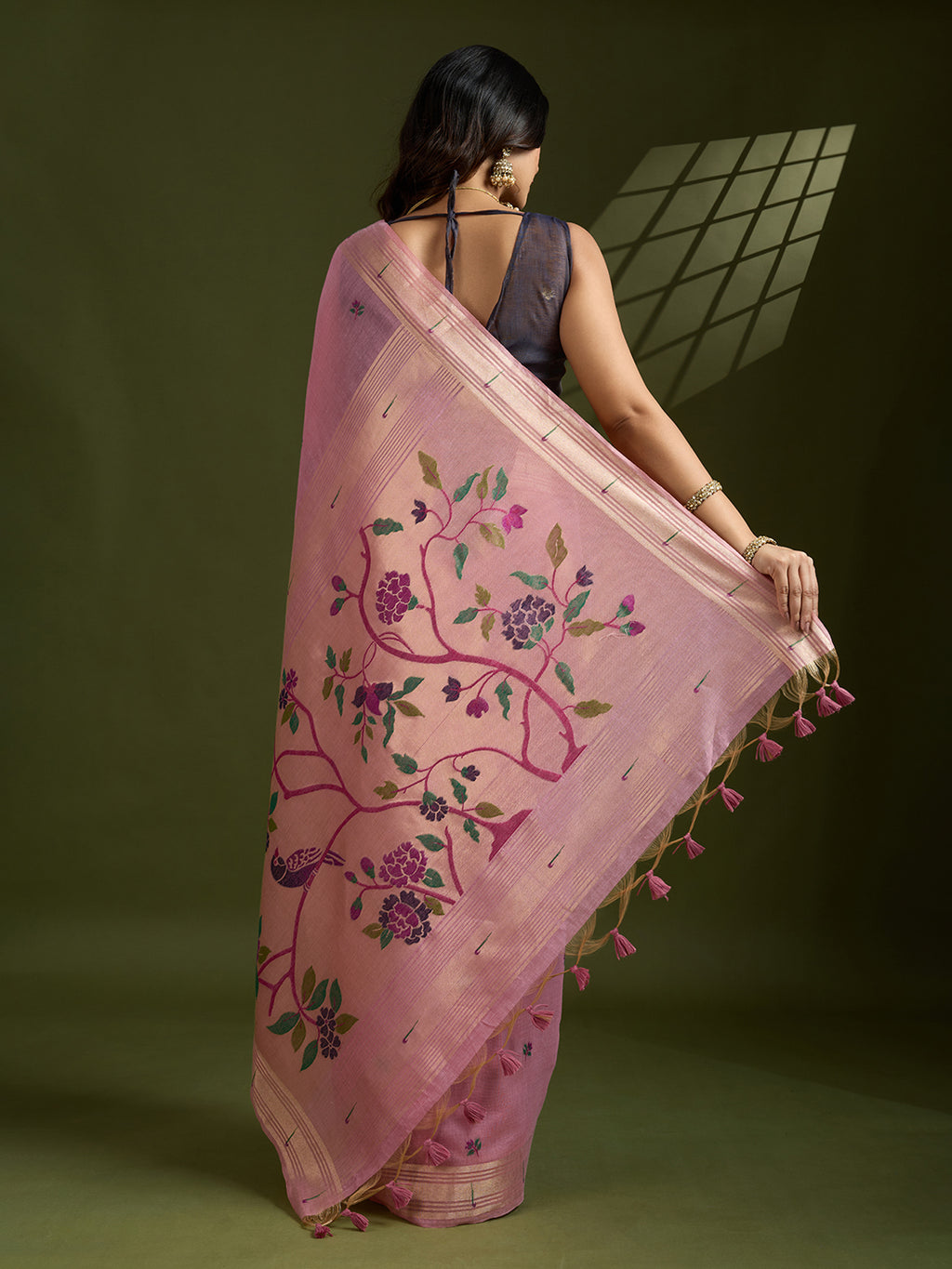 Blushing Pink Muga Cotton Paithani Saree | Coffee-Toned Contrast Traditional Ensemble