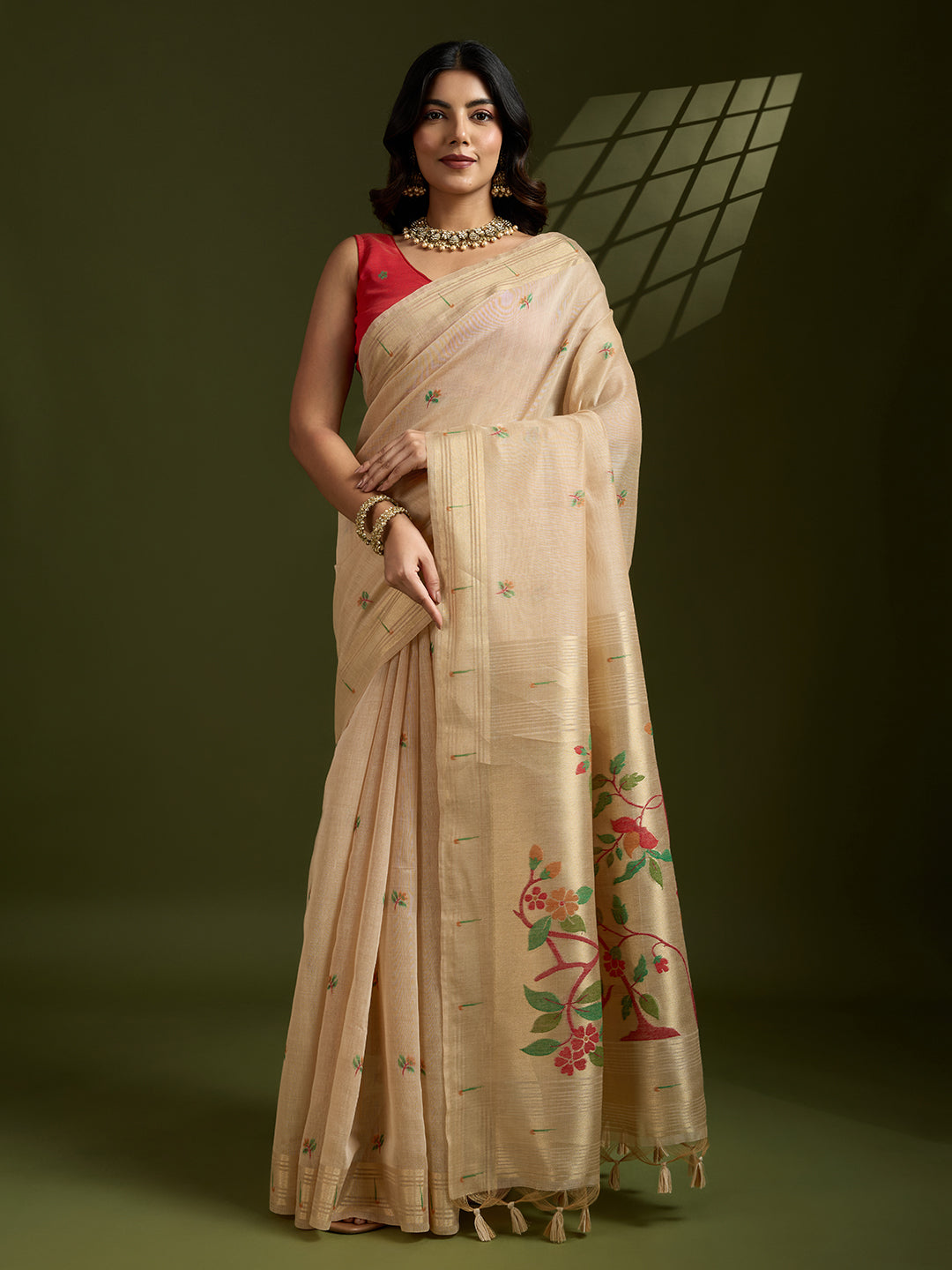 Timeless Beige Muga Cotton Paithani Saree | Bold Red Contrast Traditional Attire
