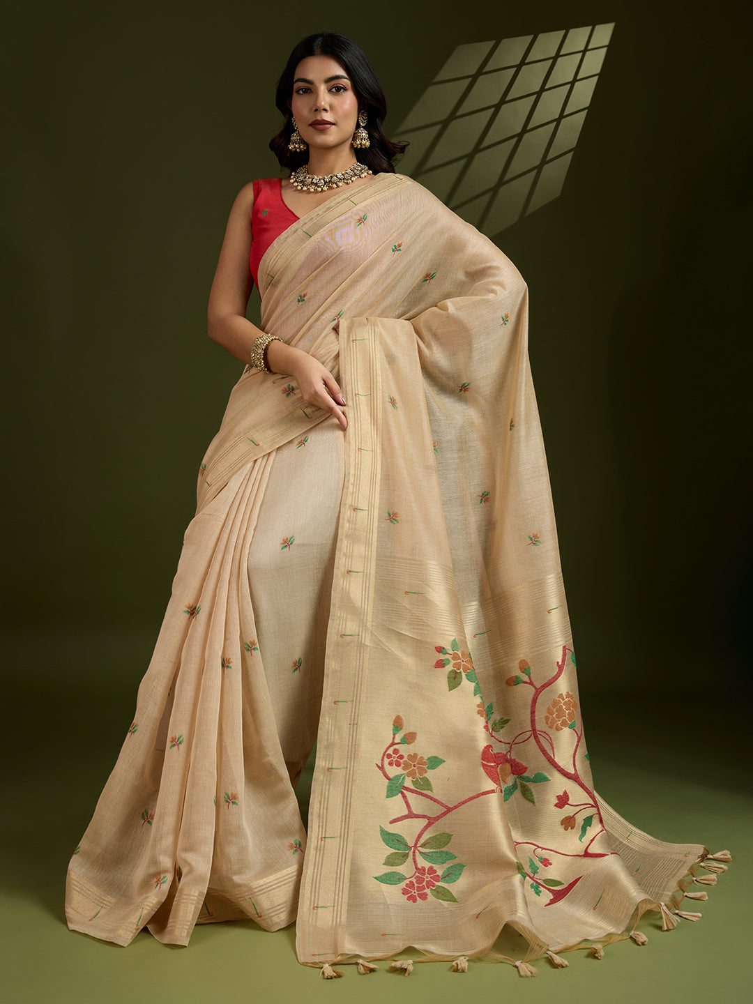 Timeless Beige Muga Cotton Paithani Saree | Bold Red Contrast Traditional Attire