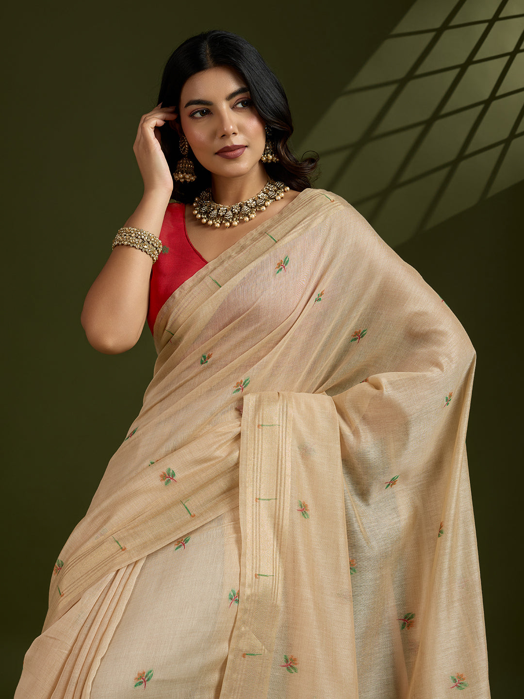 Timeless Beige Muga Cotton Paithani Saree | Bold Red Contrast Traditional Attire