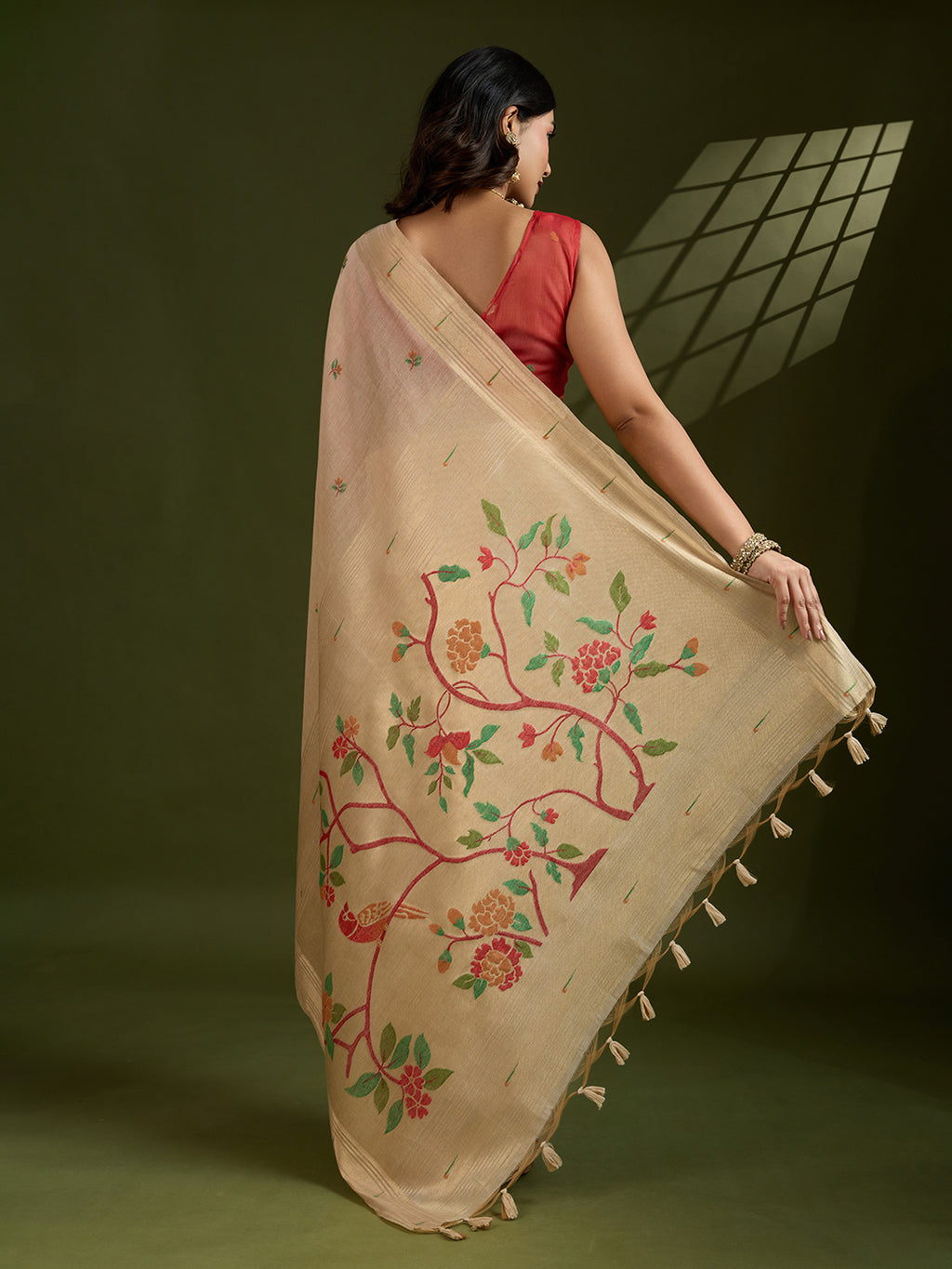 Timeless Beige Muga Cotton Paithani Saree | Bold Red Contrast Traditional Attire