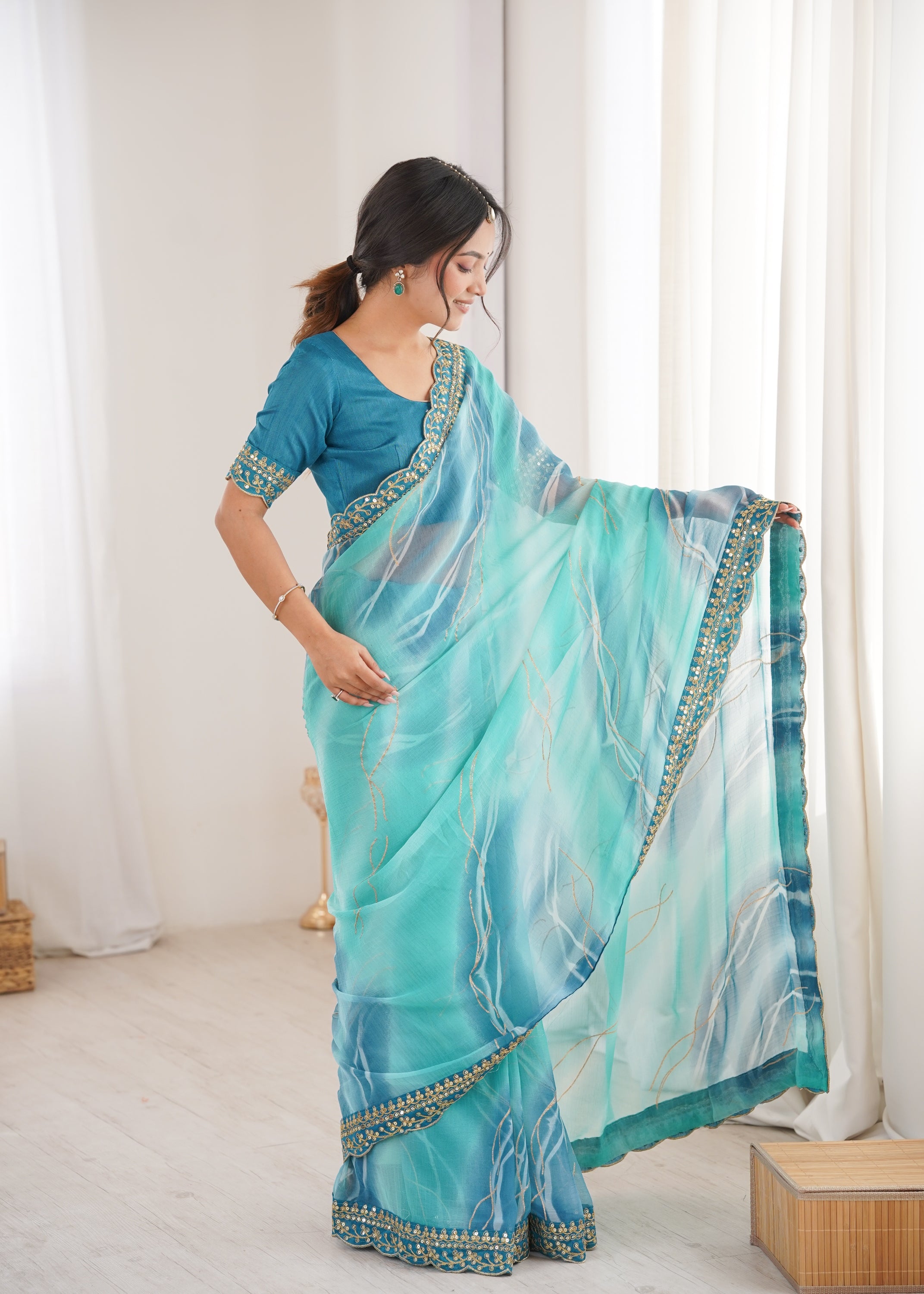 Celestial Sky Blue Georgette Chiffon Party Saree | Designer Laheriya Gold Foil Print with Embroidery