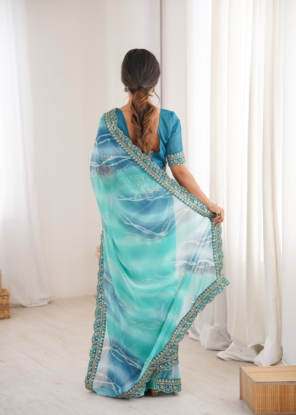 Celestial Sky Blue Georgette Chiffon Party Saree | Designer Laheriya Gold Foil Print with Embroidery