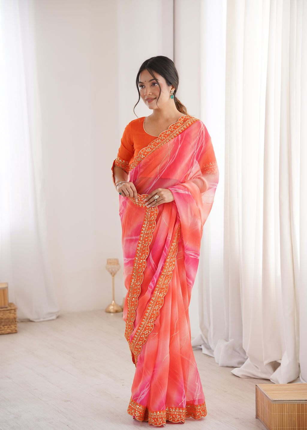Vibrant Orange Georgette Chiffon Party Saree | Designer Laheriya Gold Foil Print with Embroidery
