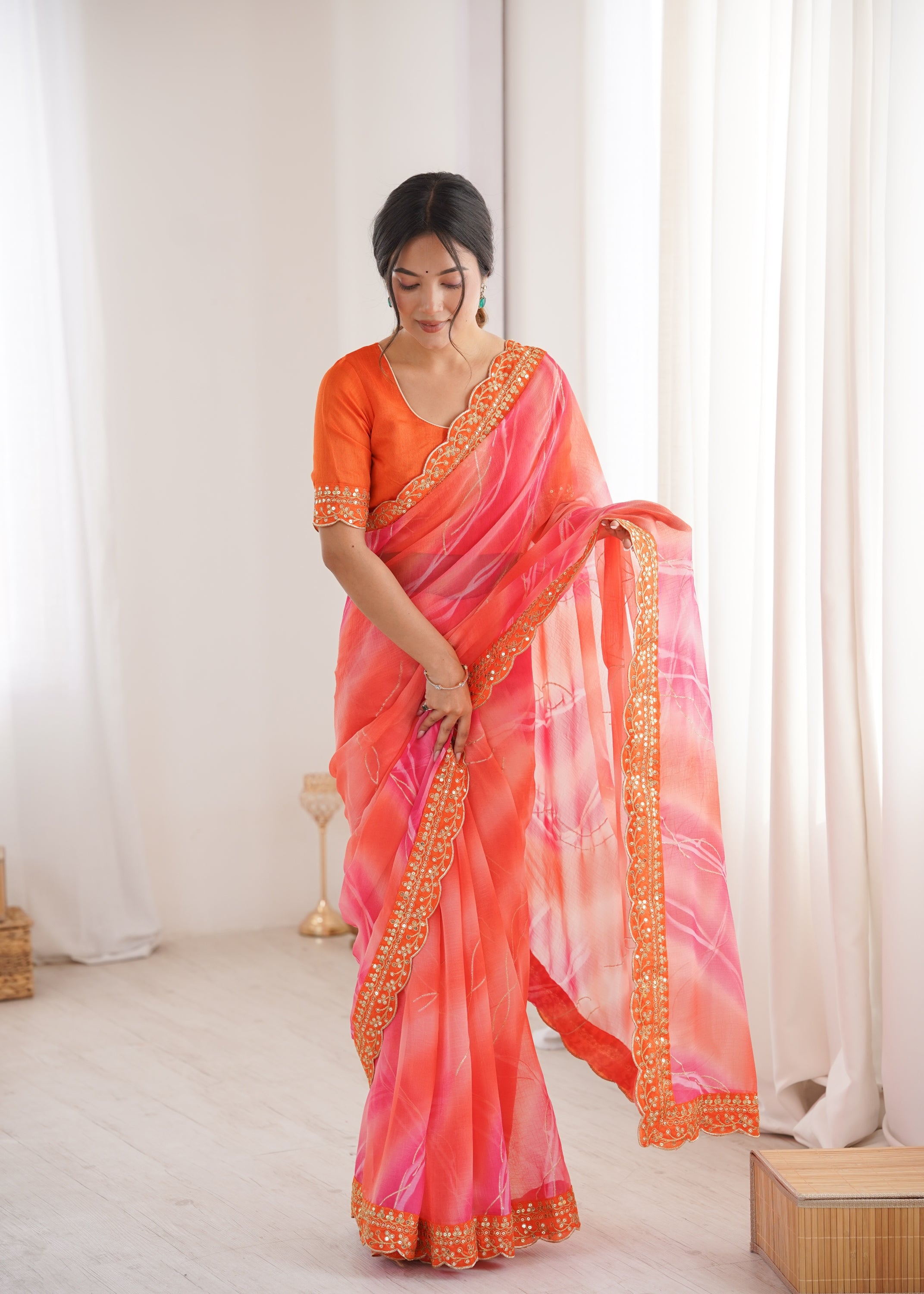Vibrant Orange Georgette Chiffon Party Saree | Designer Laheriya Gold Foil Print with Embroidery