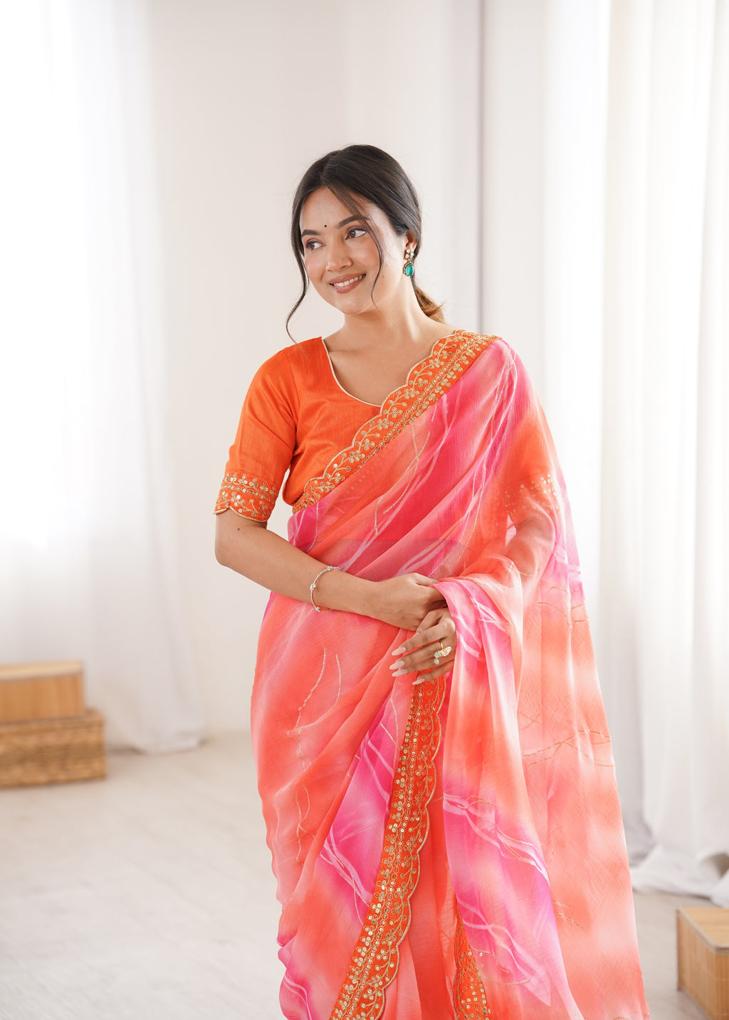 Vibrant Orange Georgette Chiffon Party Saree | Designer Laheriya Gold Foil Print with Embroidery