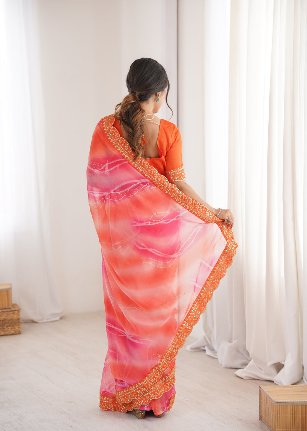 Vibrant Orange Georgette Chiffon Party Saree | Designer Laheriya Gold Foil Print with Embroidery