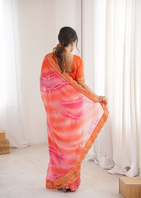 Vibrant Orange Georgette Chiffon Party Saree | Designer Laheriya Gold Foil Print with Embroidery