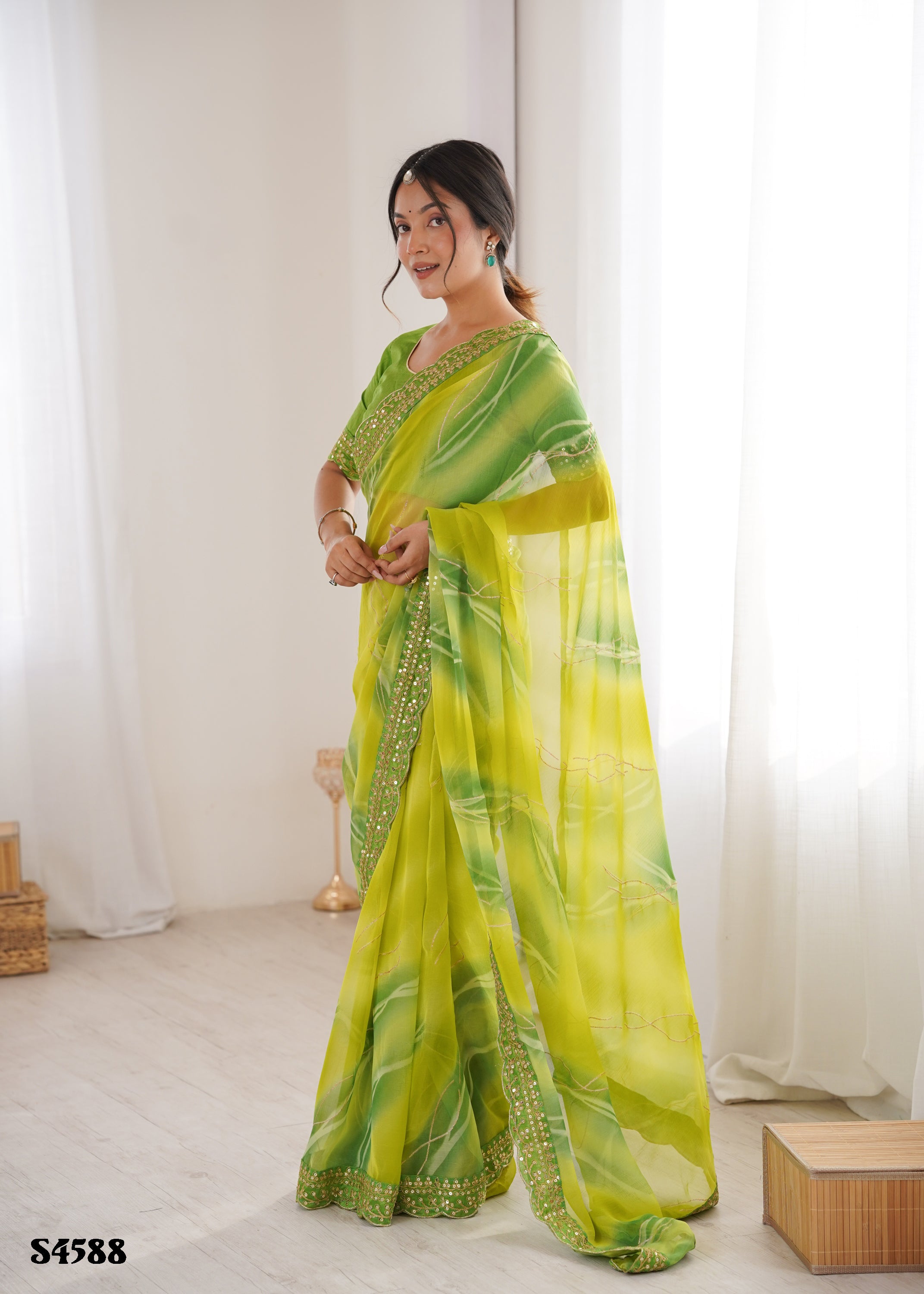 Earthy Mahendi Georgette Chiffon Party Saree | Designer Laheriya Gold Foil Print with Embroidery