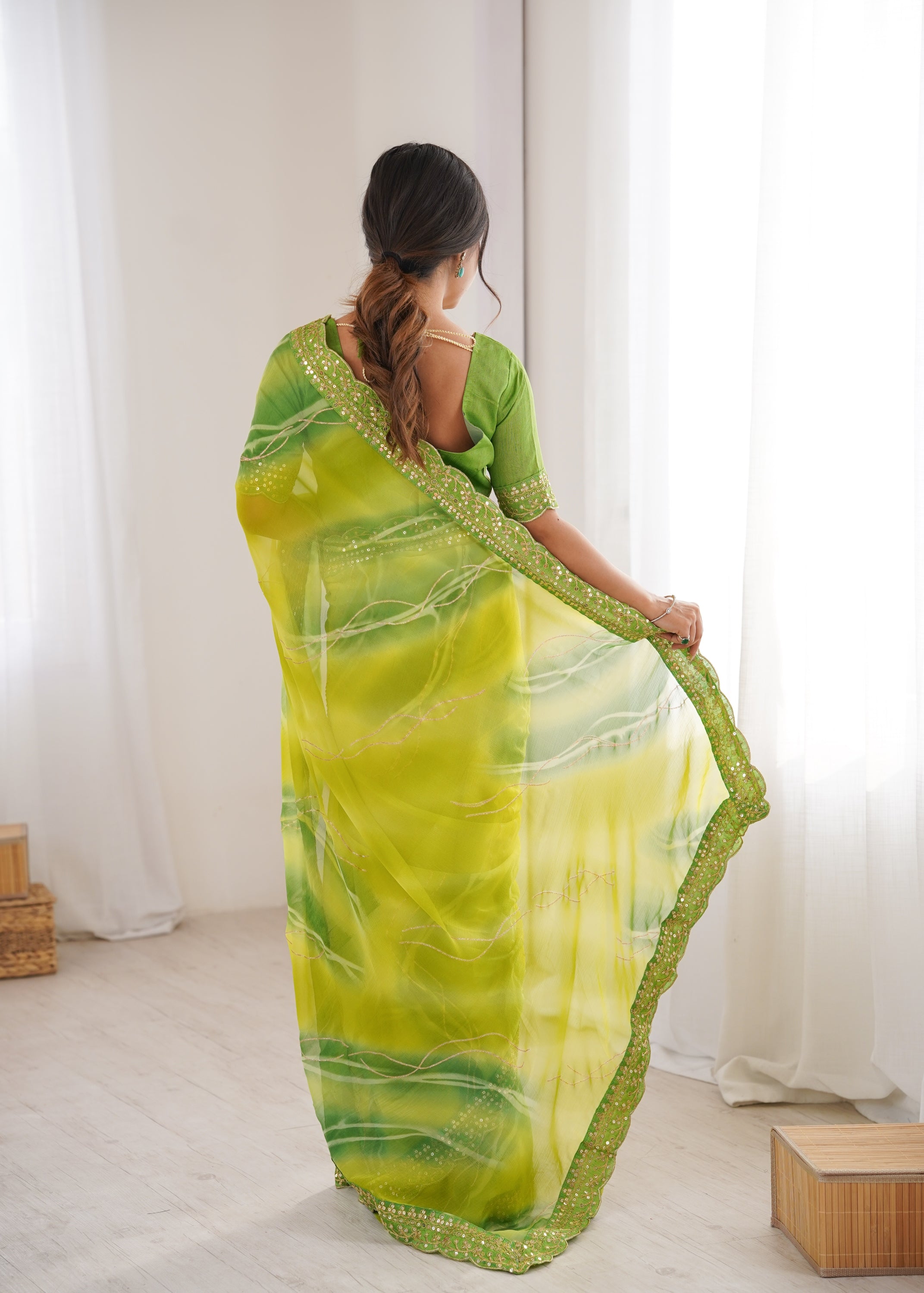 Earthy Mahendi Georgette Chiffon Party Saree | Designer Laheriya Gold Foil Print with Embroidery