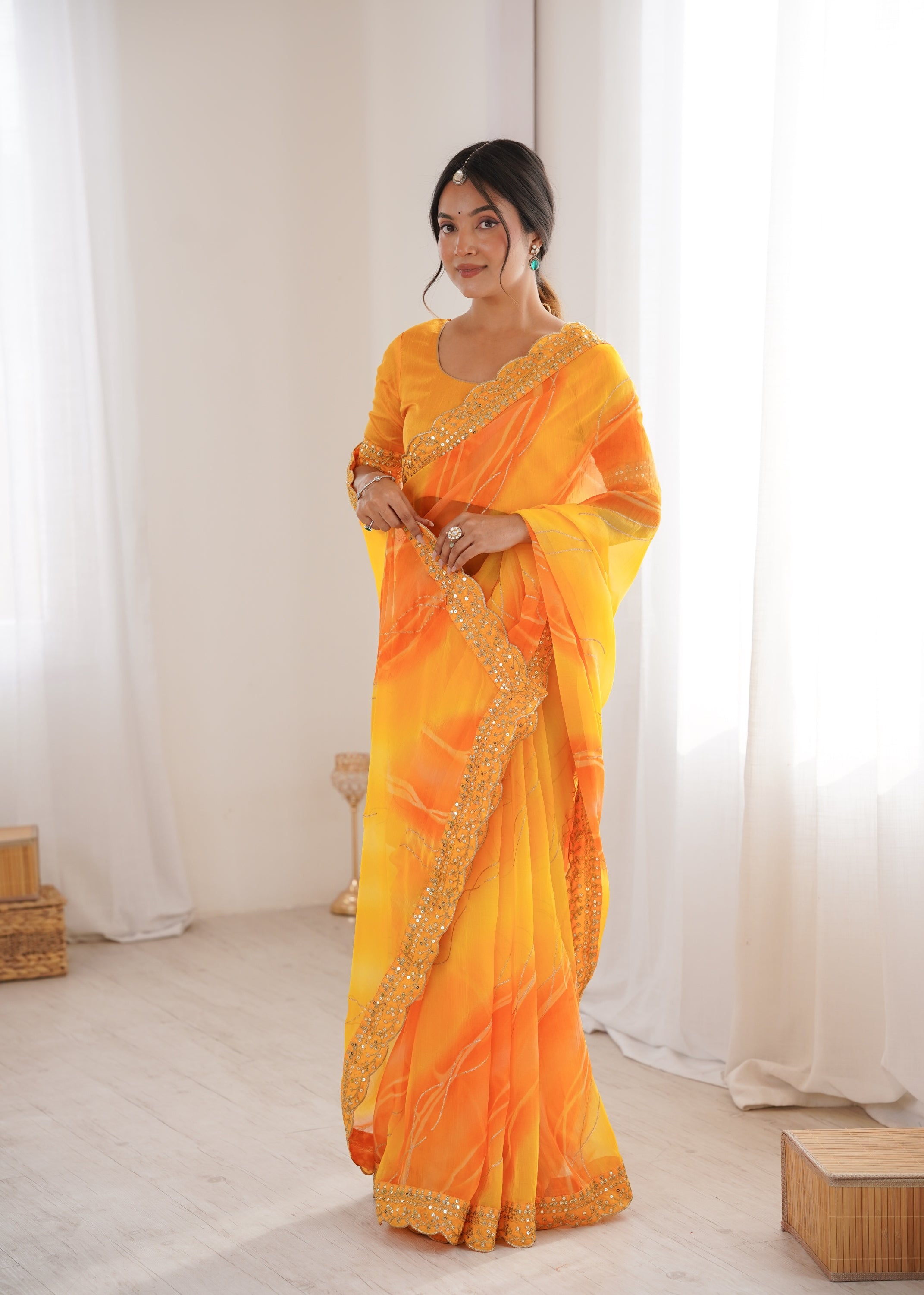 Sunshine Yellow Georgette Chiffon Party Saree | Designer Laheriya Gold Foil Print with Embroidery