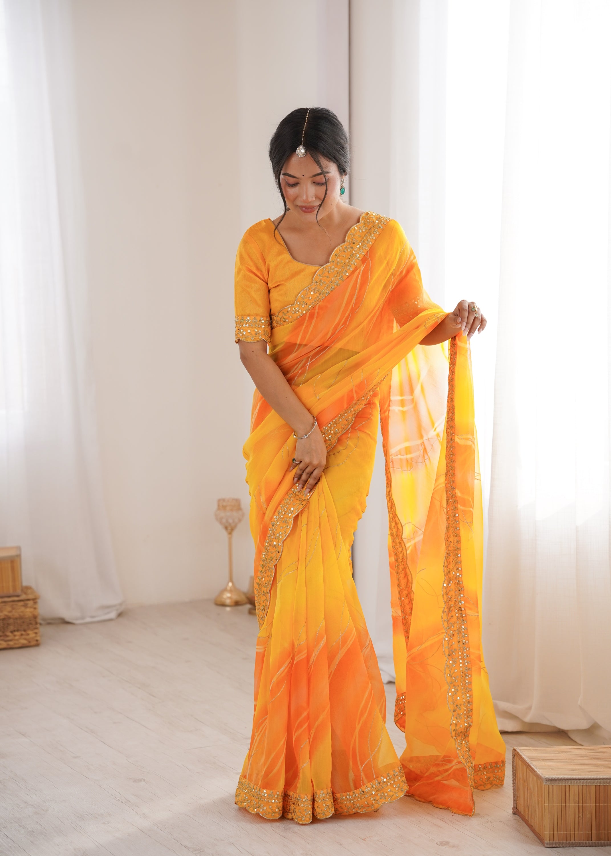 Sunshine Yellow Georgette Chiffon Party Saree | Designer Laheriya Gold Foil Print with Embroidery