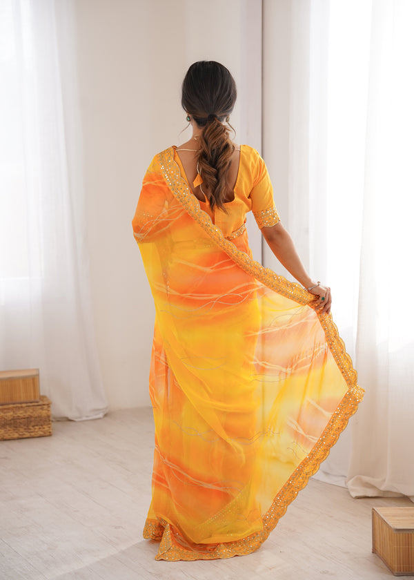 Sunshine Yellow Georgette Chiffon Party Saree | Designer Laheriya Gold Foil Print with Embroidery