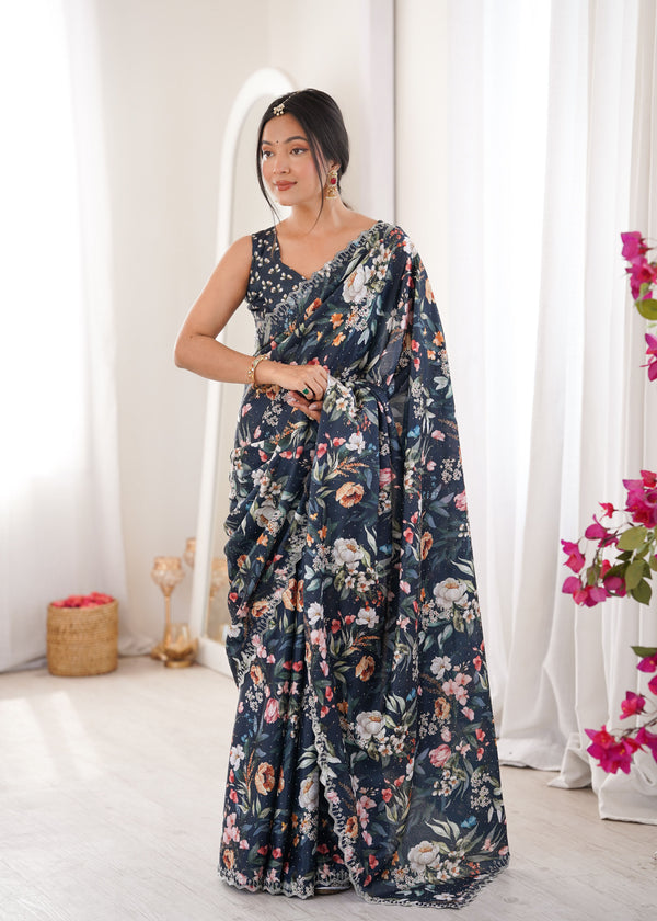 Teal Chinon Party Wear Saree | Digital Printed with Swarovski Cut Work