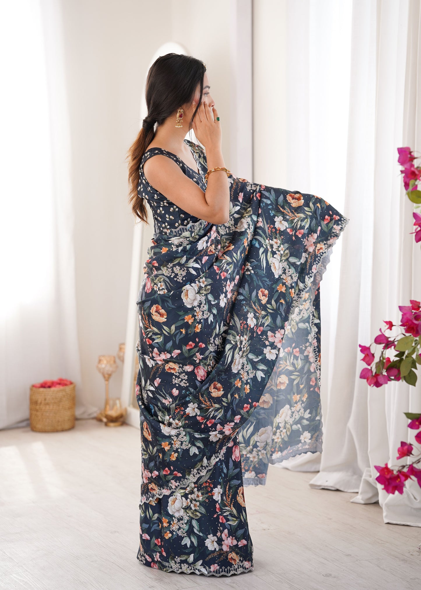 Teal Chinon Party Wear Saree | Digital Printed with Swarovski Cut Work