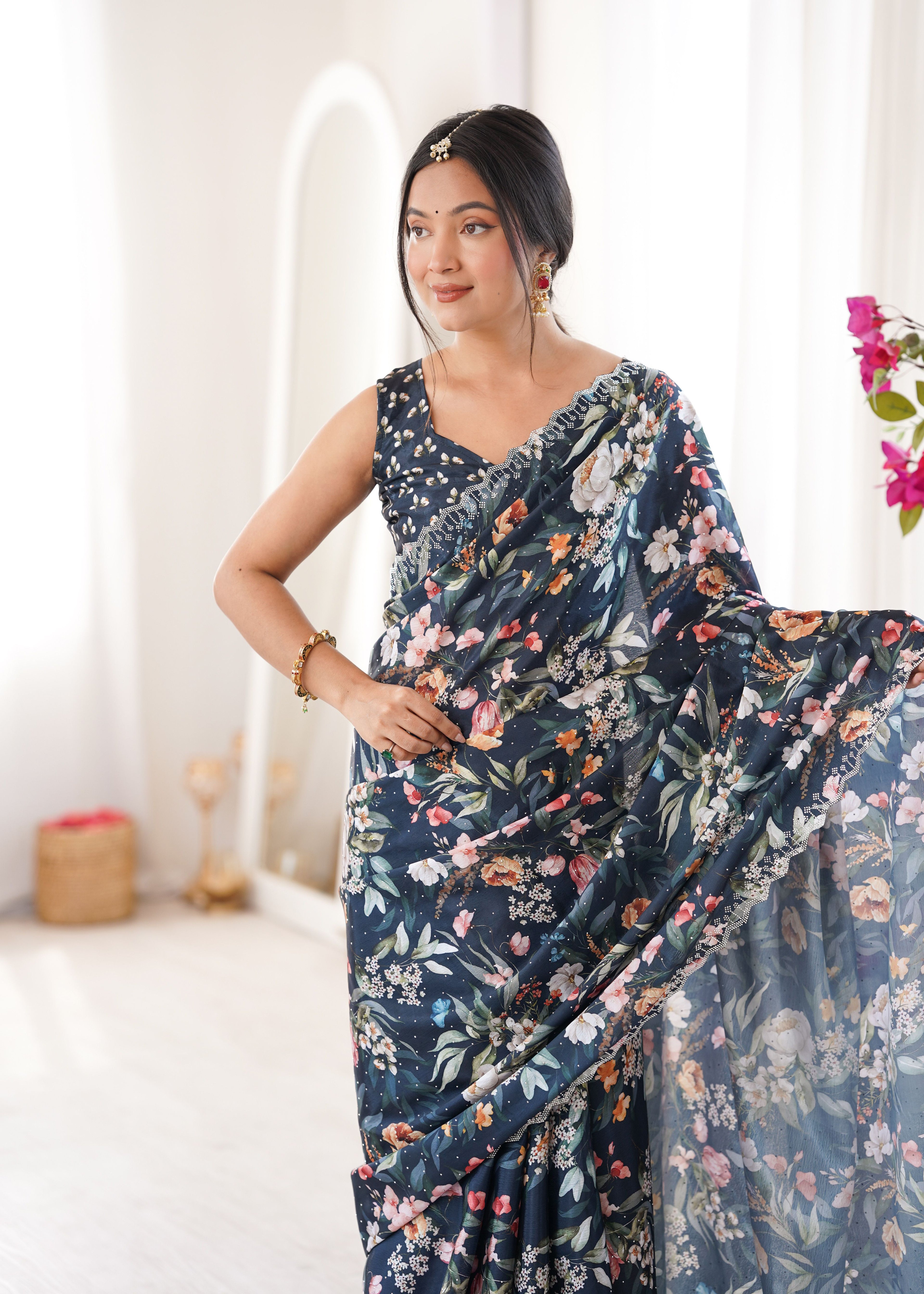 Teal Chinon Party Wear Saree | Digital Printed with Swarovski Cut Work