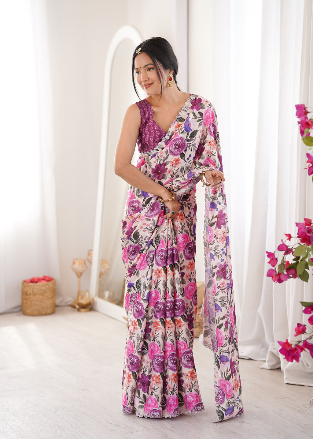 Purple Chinon Party Wear Saree | Digital Printed with Swarovski Cut Work