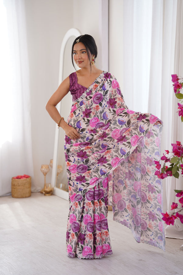 Purple Chinon Party Wear Saree | Digital Printed with Swarovski Cut Work