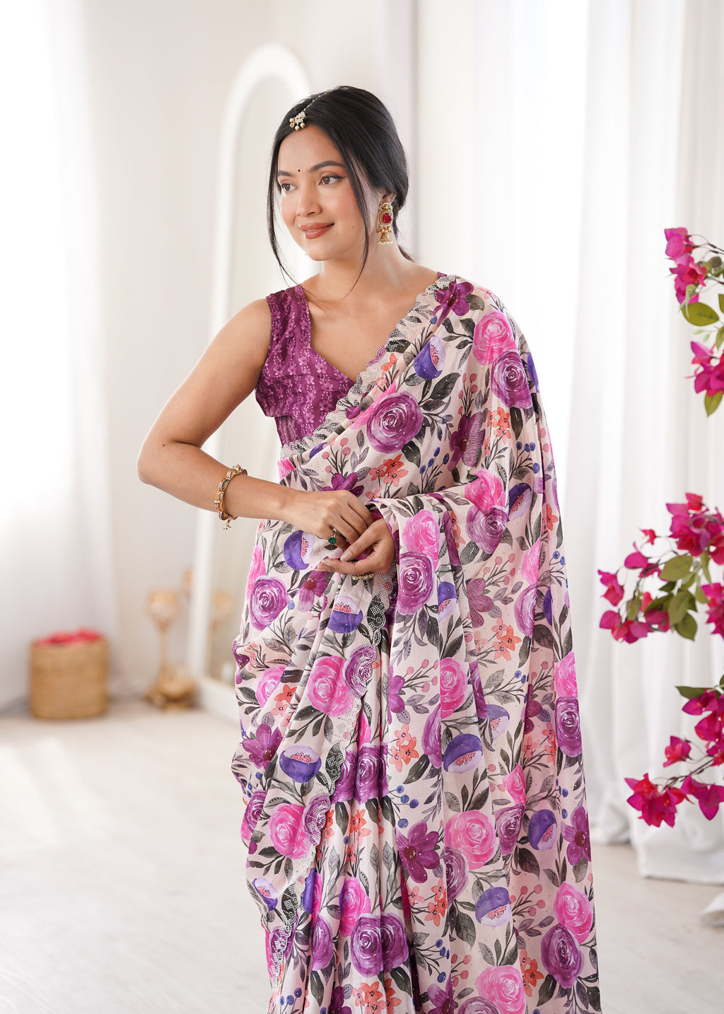 Regal Georgette Satin Silk Saree | Zari & Handwork Couture