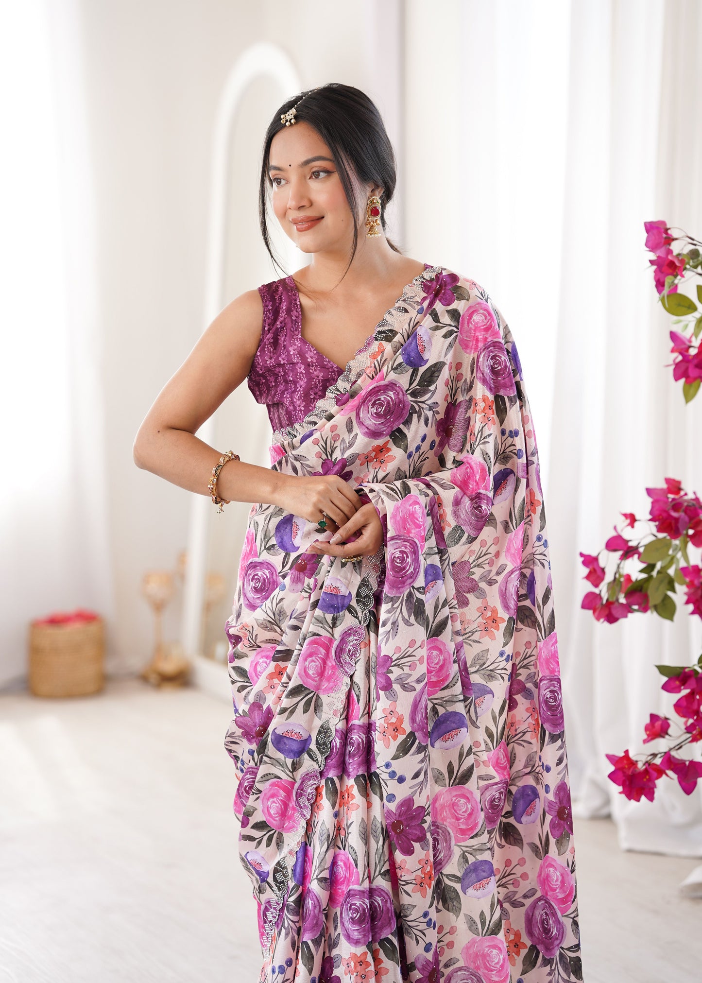 Purple Chinon Party Wear Saree | Digital Printed with Swarovski Cut Work