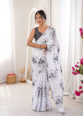 White & Black Contrast Saree | Digital Printed with Swarovski Cut Work