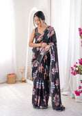 Black Chinon Party Wear Saree | Digital Printed with Swarovski Cut Work
