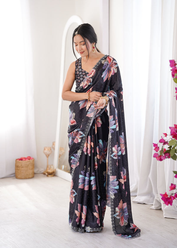 Black Chinon Party Wear Saree | Digital Printed with Swarovski Cut Work