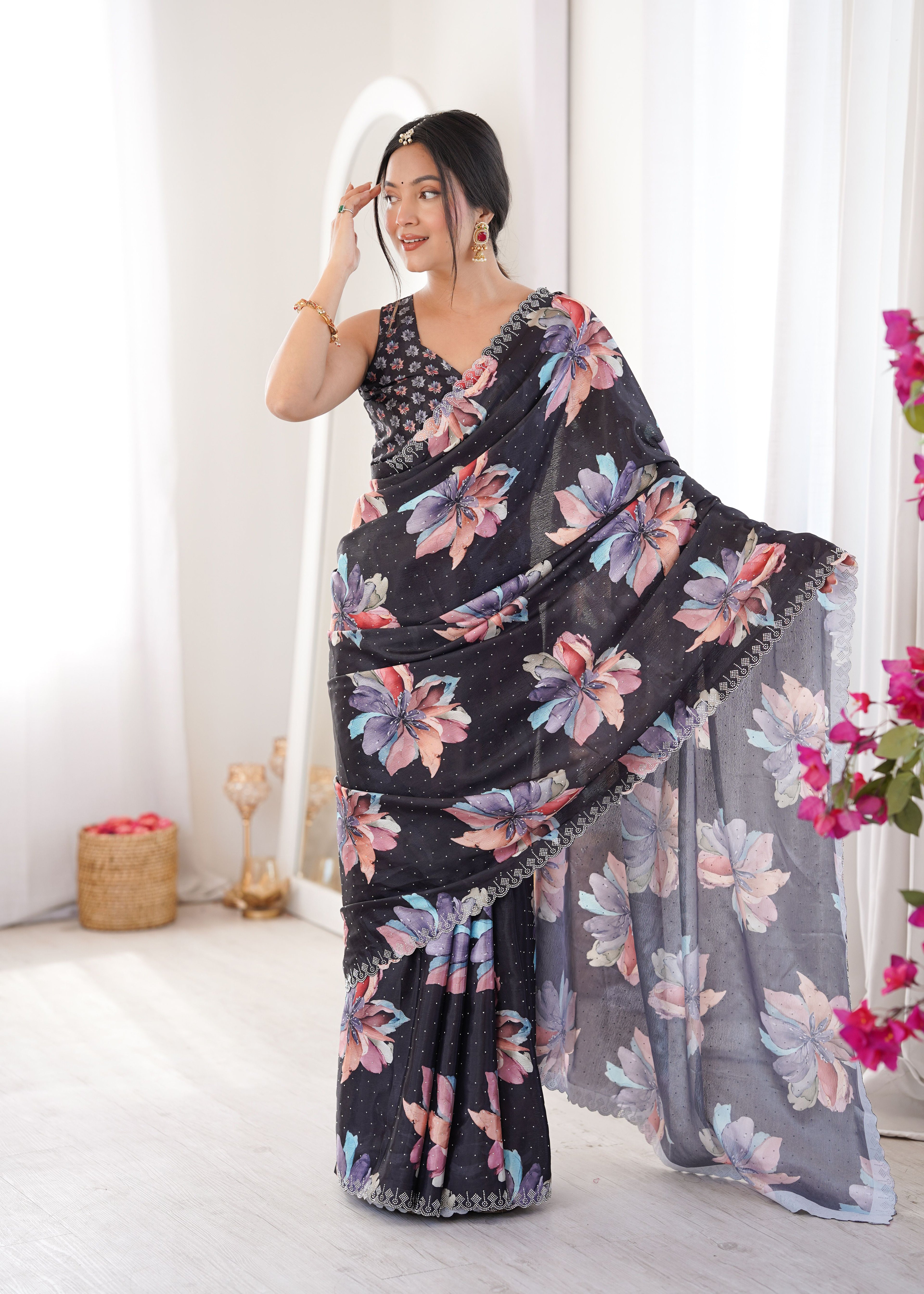 Black Chinon Party Wear Saree | Digital Printed with Swarovski Cut Work