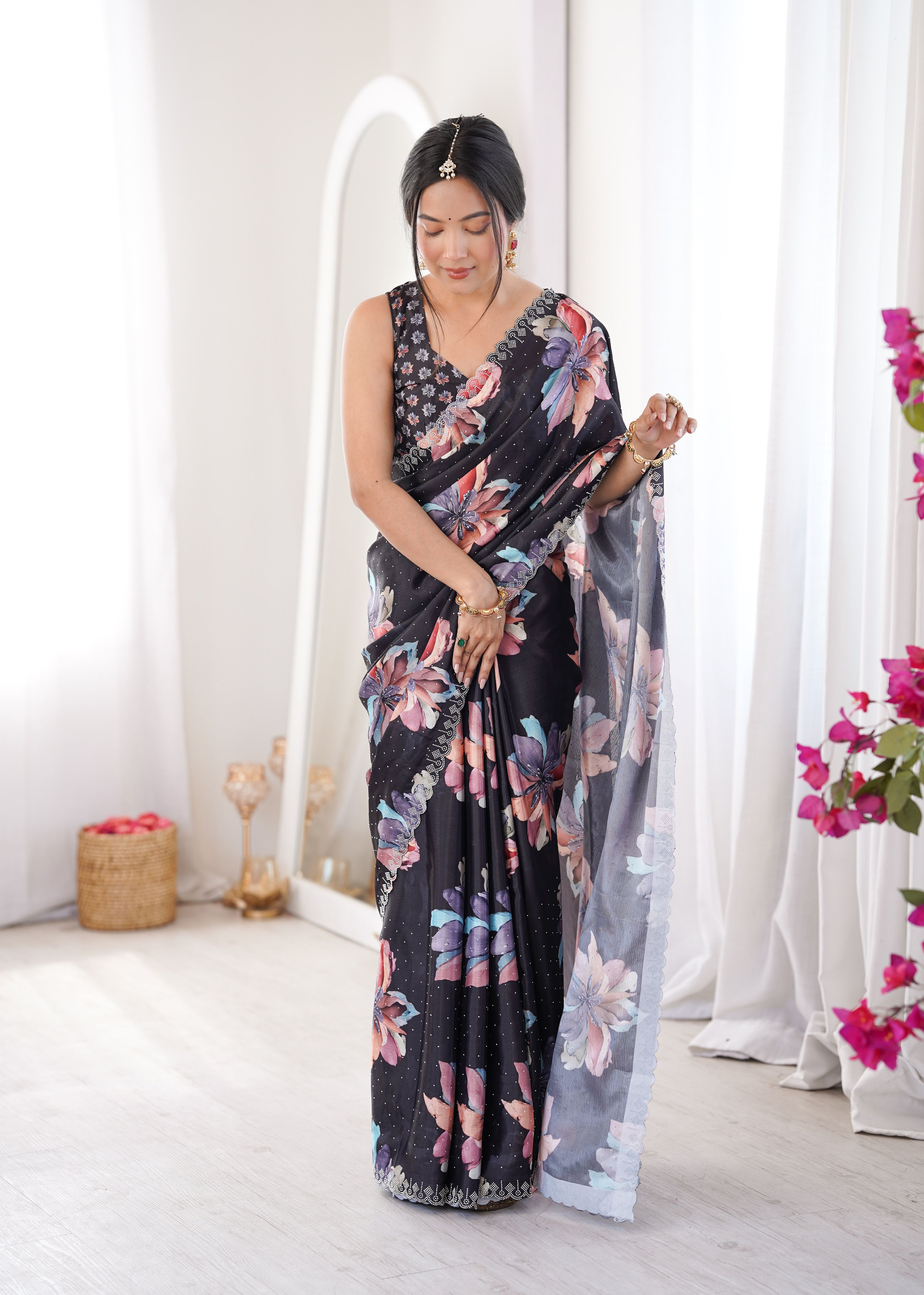 Black Chinon Party Wear Saree | Digital Printed with Swarovski Cut Work