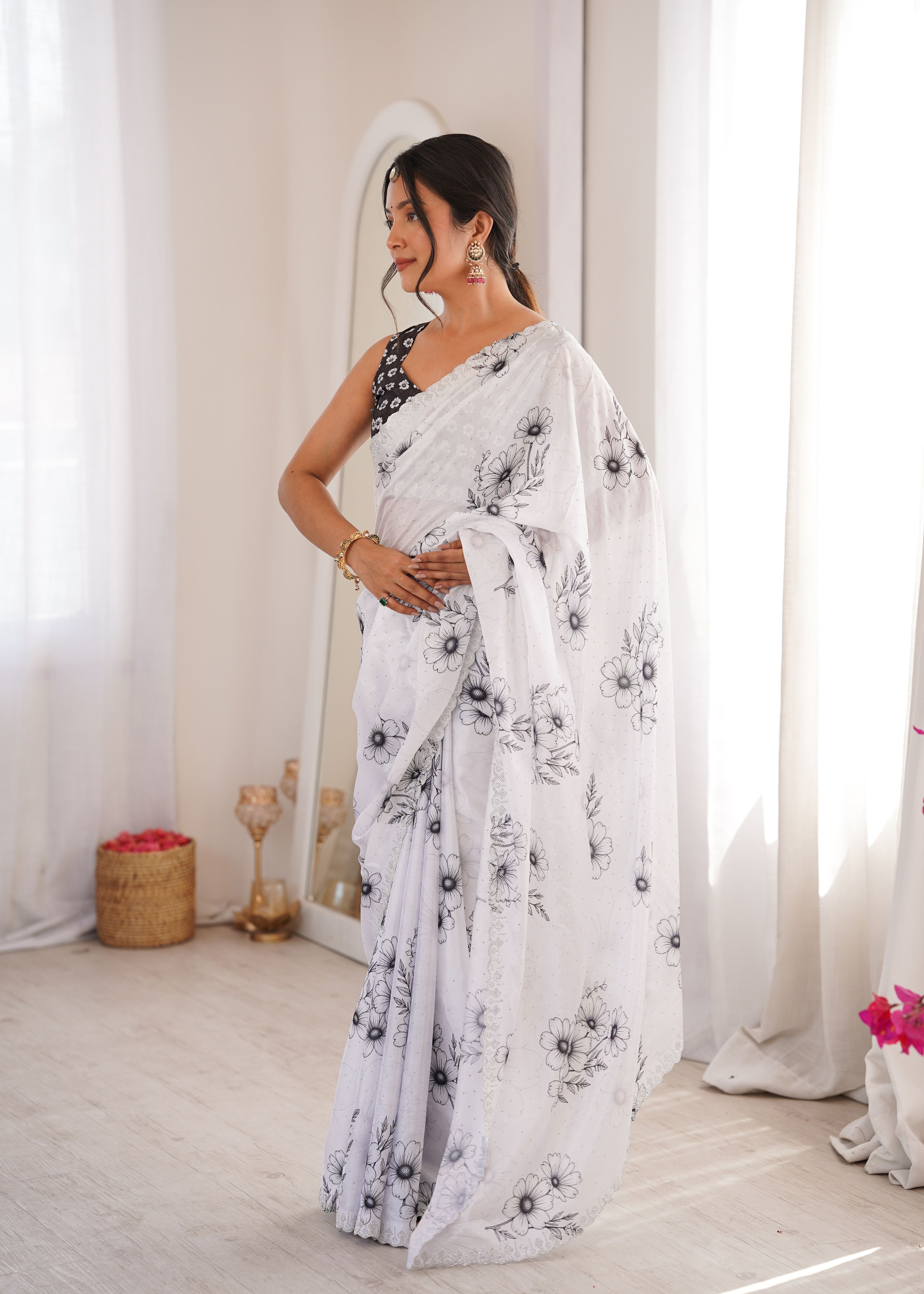 White & Black Contrast Saree | Digital Printed with Swarovski Cut Work