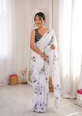 White & Black Contrast Saree | Digital Printed with Swarovski Cut Work