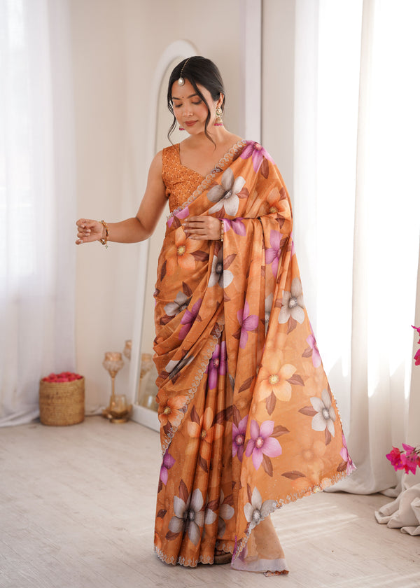 Mustard Chinon Party Wear Saree | Digital Printed with Swarovski Cut Work