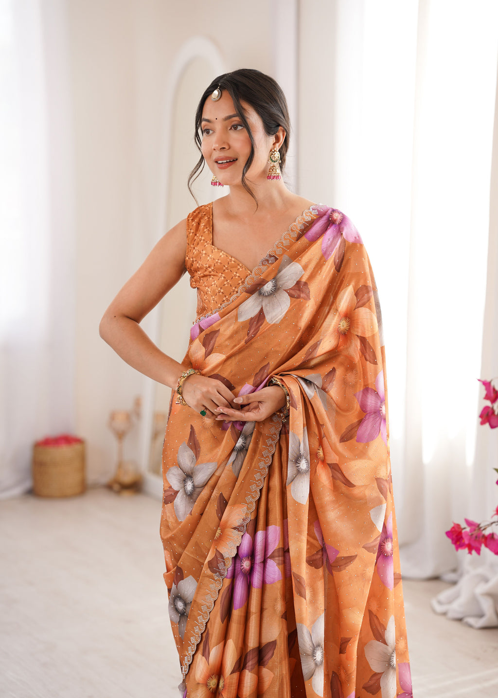 Mustard Chinon Party Wear Saree | Digital Printed with Swarovski Cut Work