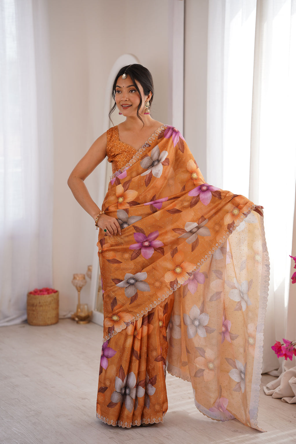 Mustard Chinon Party Wear Saree | Digital Printed with Swarovski Cut Work