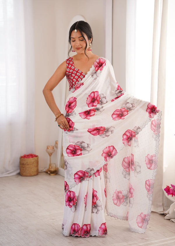 White & Red Contrast Saree | Digital Printed with Swarovski Cut Work