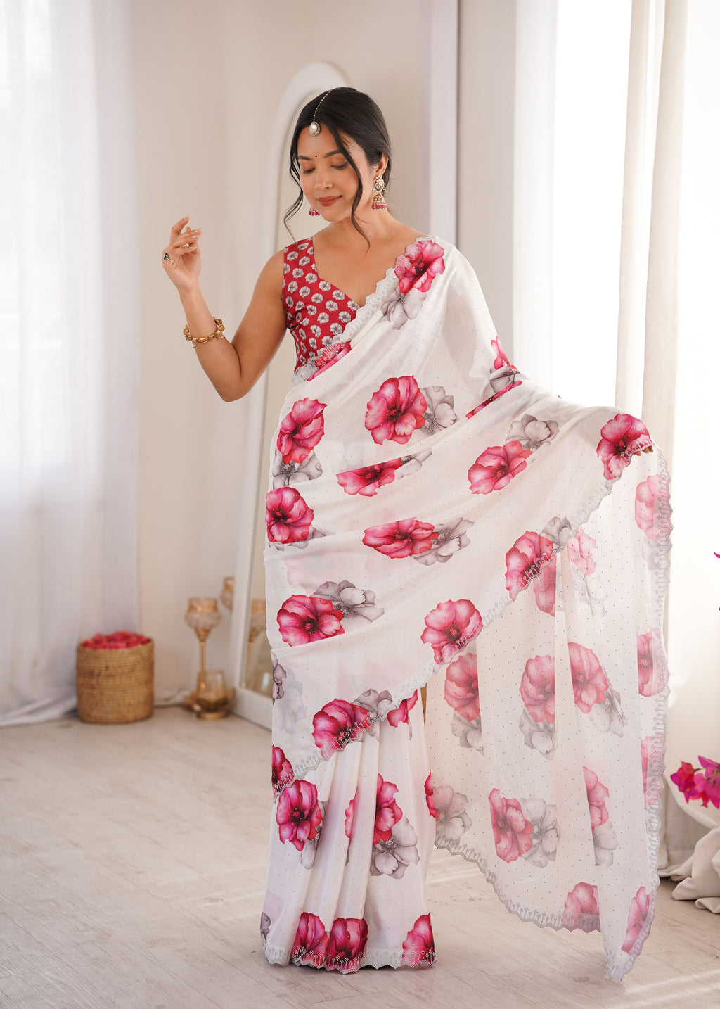 White & Red Contrast Saree | Digital Printed with Swarovski Cut Work