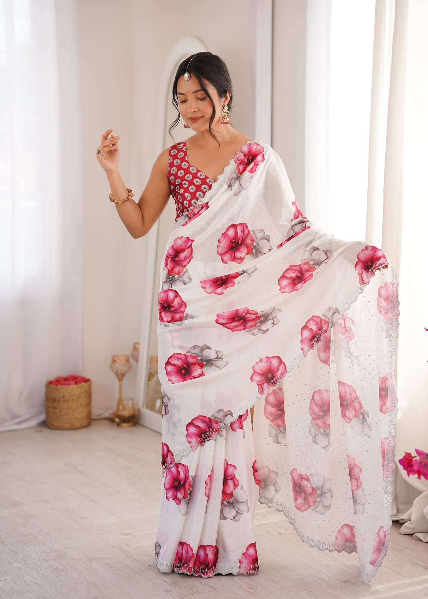 White & Red Contrast Saree | Digital Printed with Swarovski Cut Work