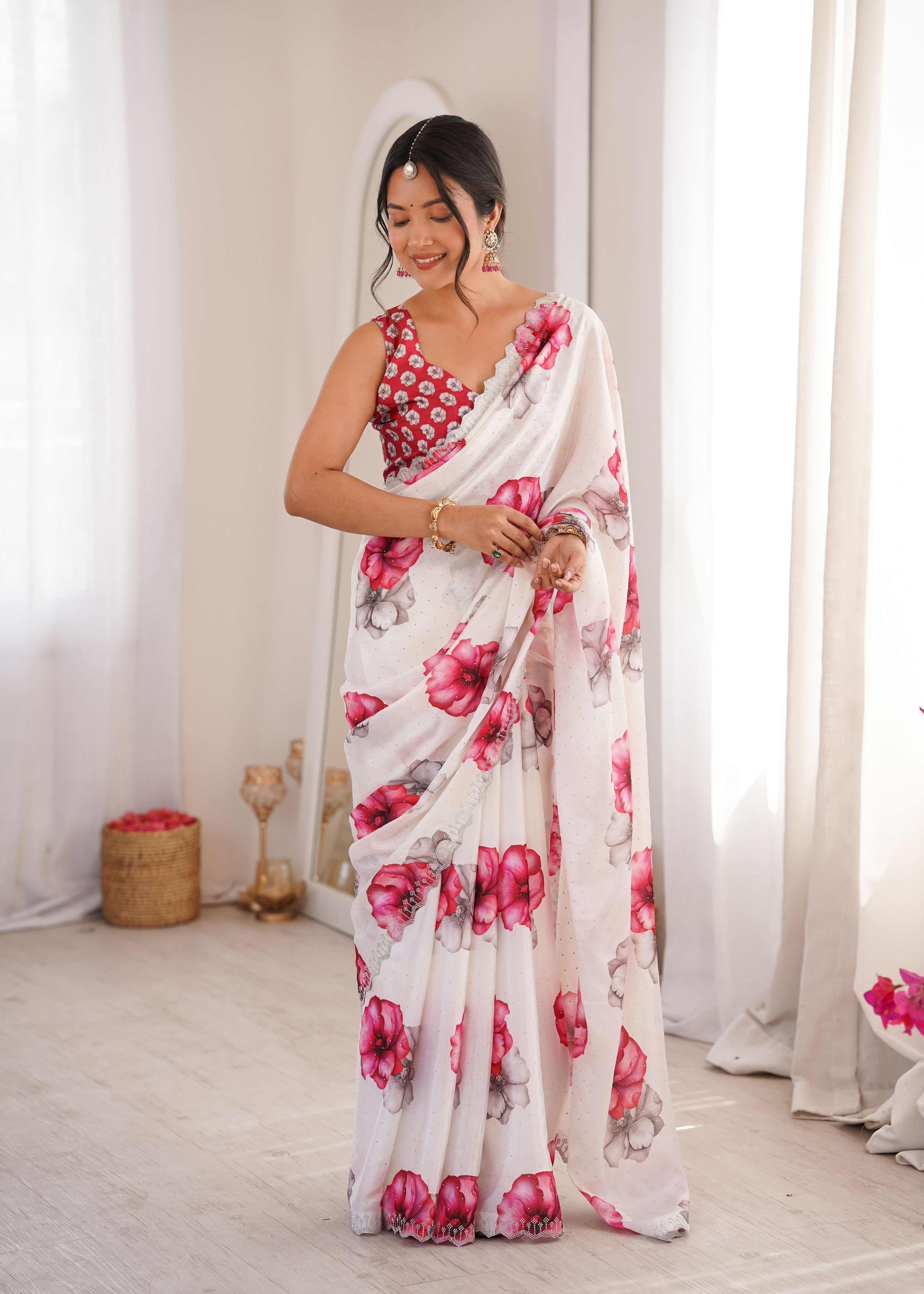 White & Red Contrast Saree | Digital Printed with Swarovski Cut Work