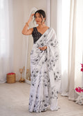 White & Black Contrast Saree | Digital Printed with Swarovski Cut Work