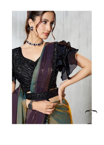 Teal Blue Satin Silk Soirée Saree | Beads Embroidery with Contrasting Black Blouse
