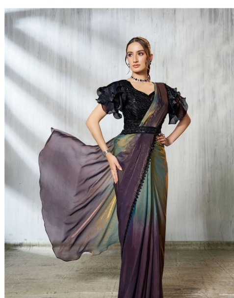 Teal Blue Satin Silk Soirée Saree | Beads Embroidery with Contrasting Black Blouse