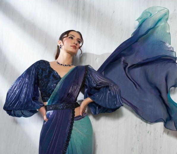 Royal Blue Satin Silk Soirée Saree | Beads & Sequence Embroidery with Crushed Sleeve Belt